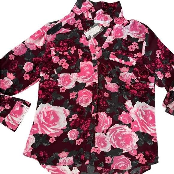 New York & Company Floral Pink Burgundy Roll Tab Sleeve Floral Button Down XL - Picture 9 of 17